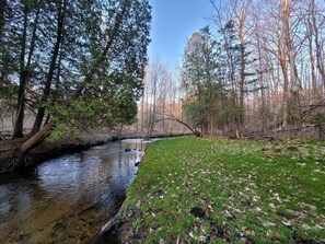 Luonnonmukainen maisema, jossa on puro, puita ja ruohikkoalue.