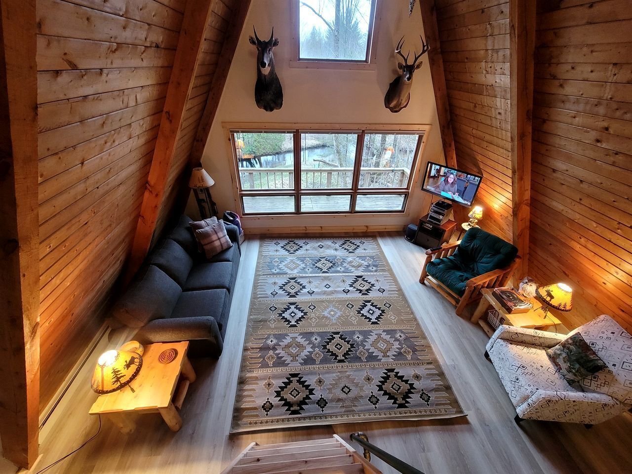 TV, DVD player, video library, stereo