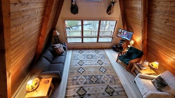 TV, DVD player, video library, stereo