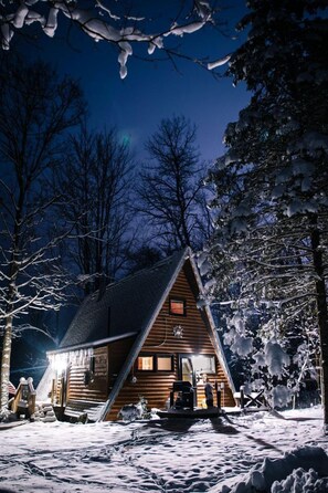 Una cabaña de madera con techo inclinado, rodeada de árboles cubiertos de nieve, y un cielo nocturno despejado.