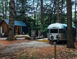 A forested campsite with a cabin and a vintage camper. - Waterfront Acorn Tiny House (Corinth)