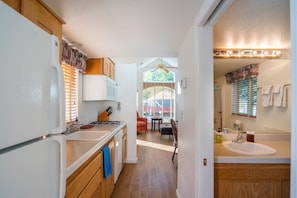 Fridge, microwave, stovetop, dishwasher - Luxury Cottage with Furnished Deck in Trinity, California (Big Flat)