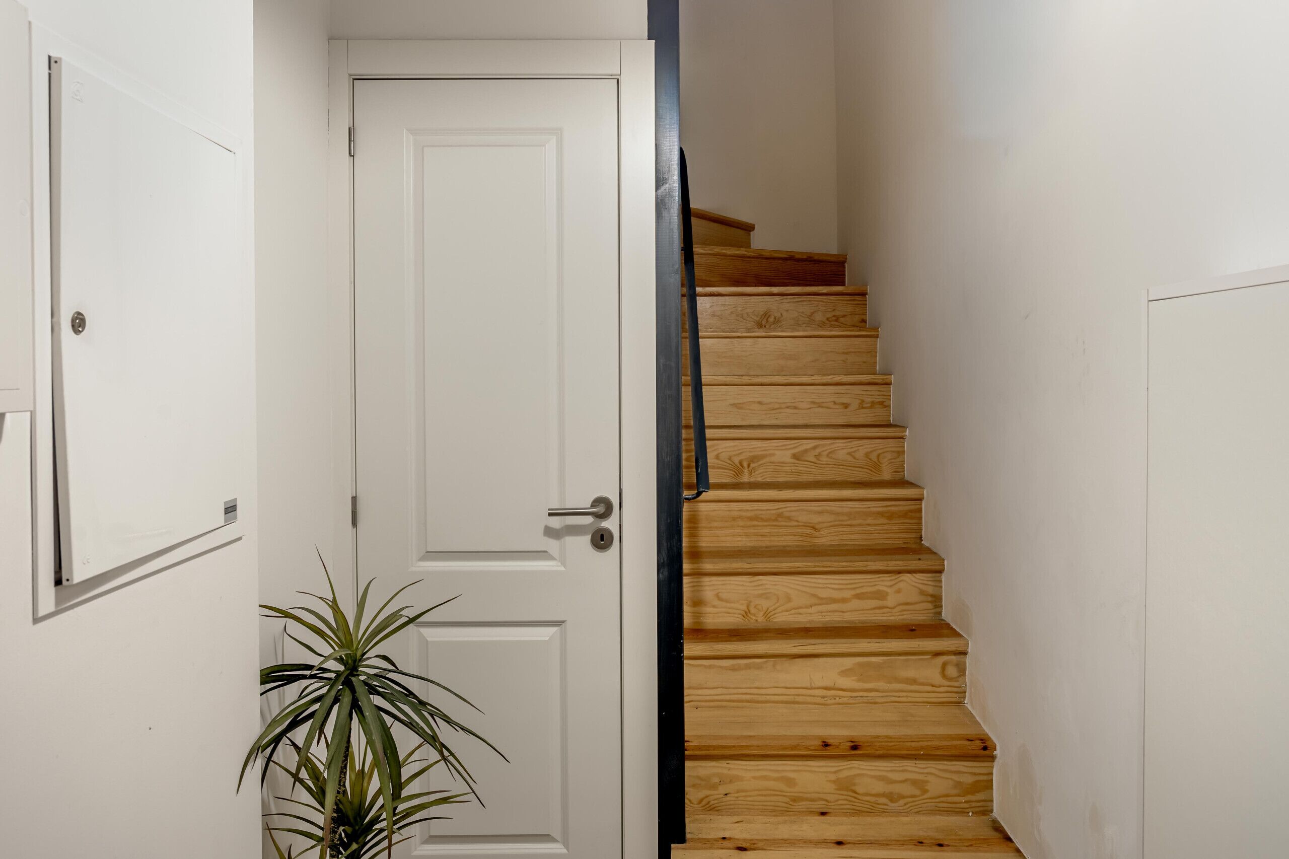 Un escalier avec des marches en bois et une porte blanche en haut.