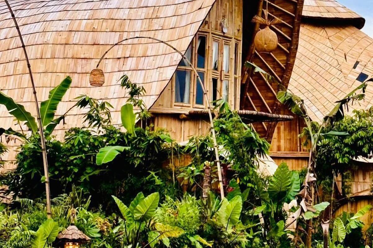 Una casa de madera tradicional con techo curvo, rodeada de abundante vegetación.