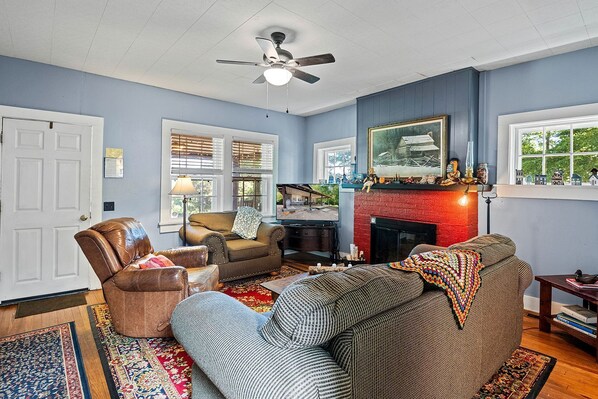 TV, fireplace, books