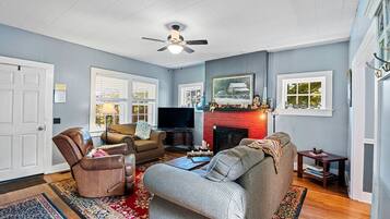 TV, fireplace, books