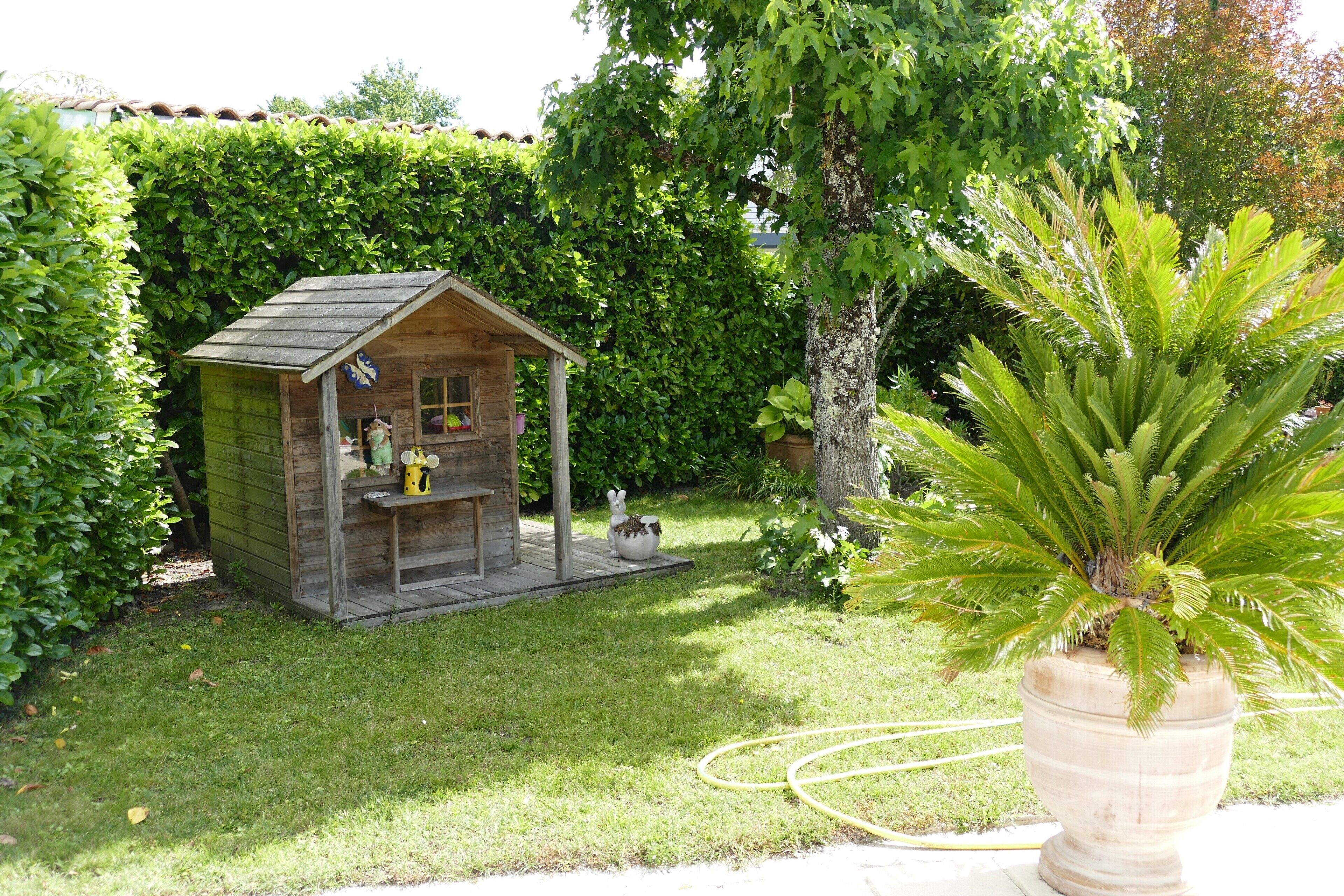 Een houten tuinhuis met een schuin dak, een klein terras en een potplant op de voorgrond.