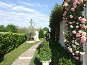 Ein Gartenweg führt zu einem Gebäude mit weißer Fassade und einem Grünstreifen an der Seite.