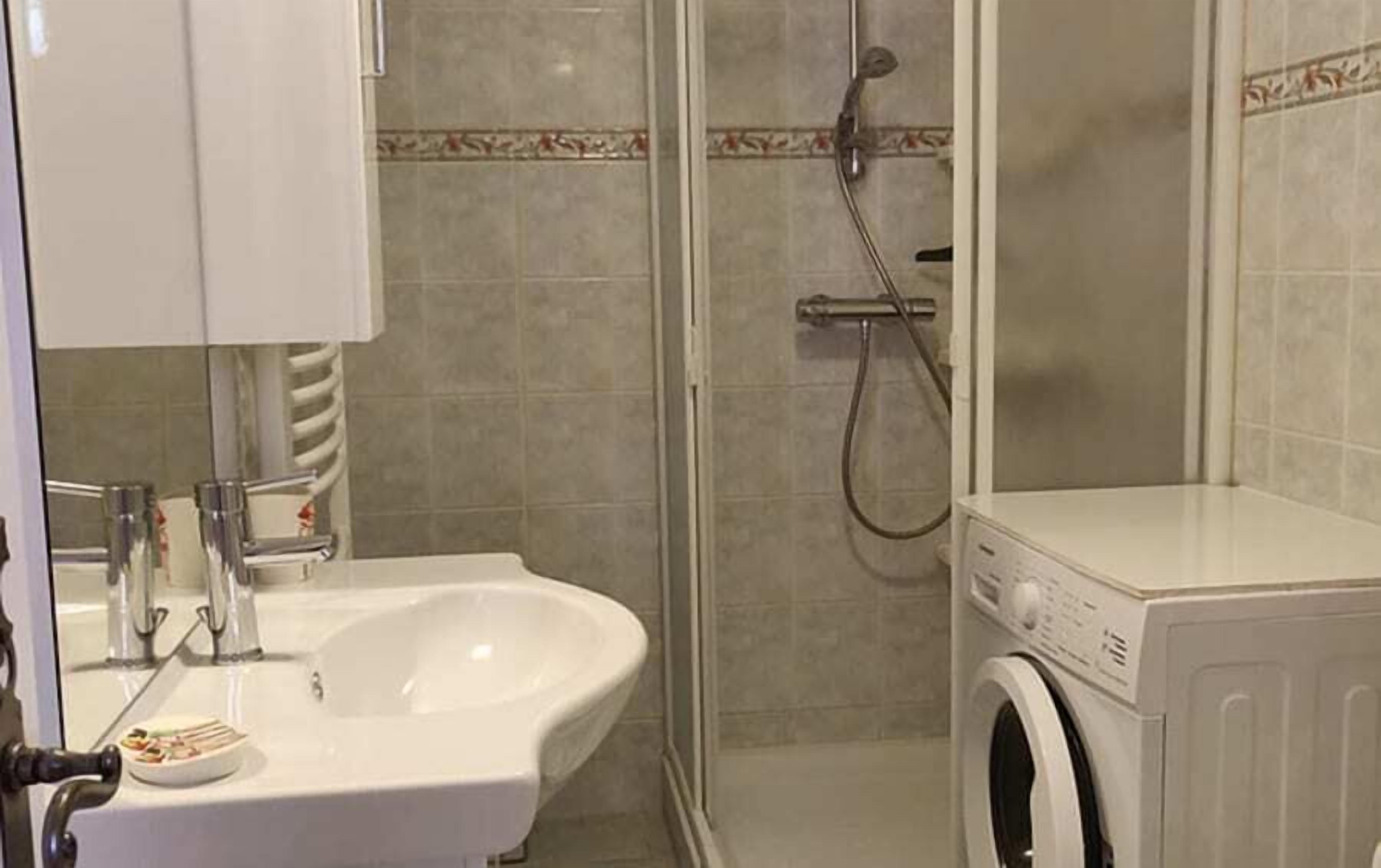 A bathroom with a sink, a mirror, a shower, and a washing machine.