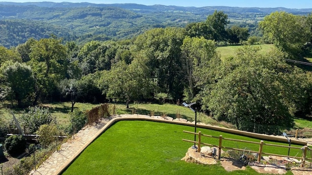 Un paysage verdoyant et luxuriant, avec une pelouse bien entretenue et un sentier en pierre qui la traverse.