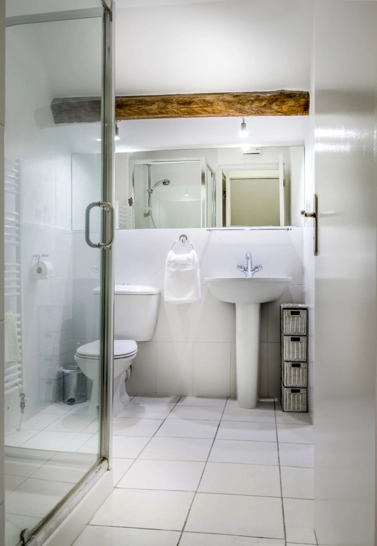 A bathroom with a glass shower enclosure, a toilet, a sink, and a mirror.