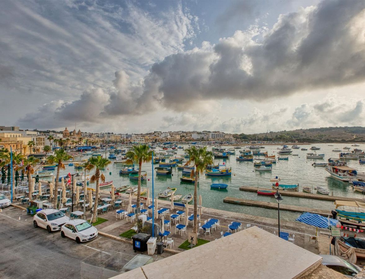A marina with numerous boats docked, a row of palm trees, and a view of the town in the background.