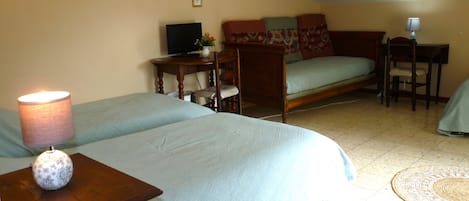 A bedroom with two beds, a desk, a chair, a television, and a lamp.