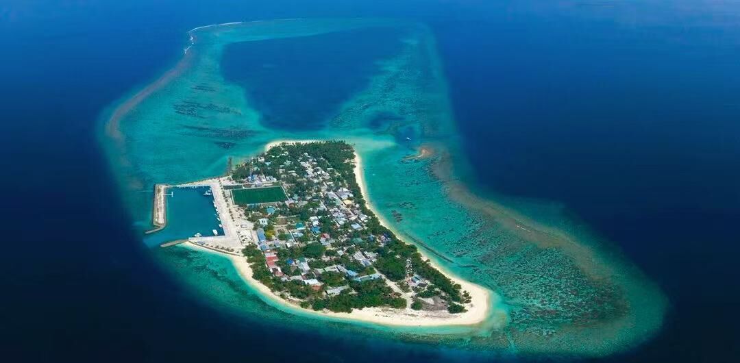 An aerial view of a small island with a marina, dense vegetation, and clear blue waters.