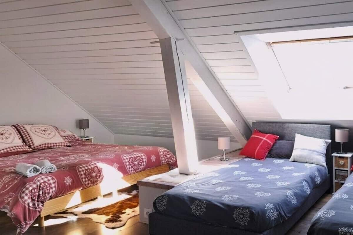 A bedroom with two beds, a skylight, and a window.