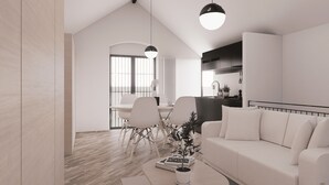 Un salon moderne avec un canapé blanc, une table basse agrémentée d’une plante, et un coin repas comprenant des chaises et une table.