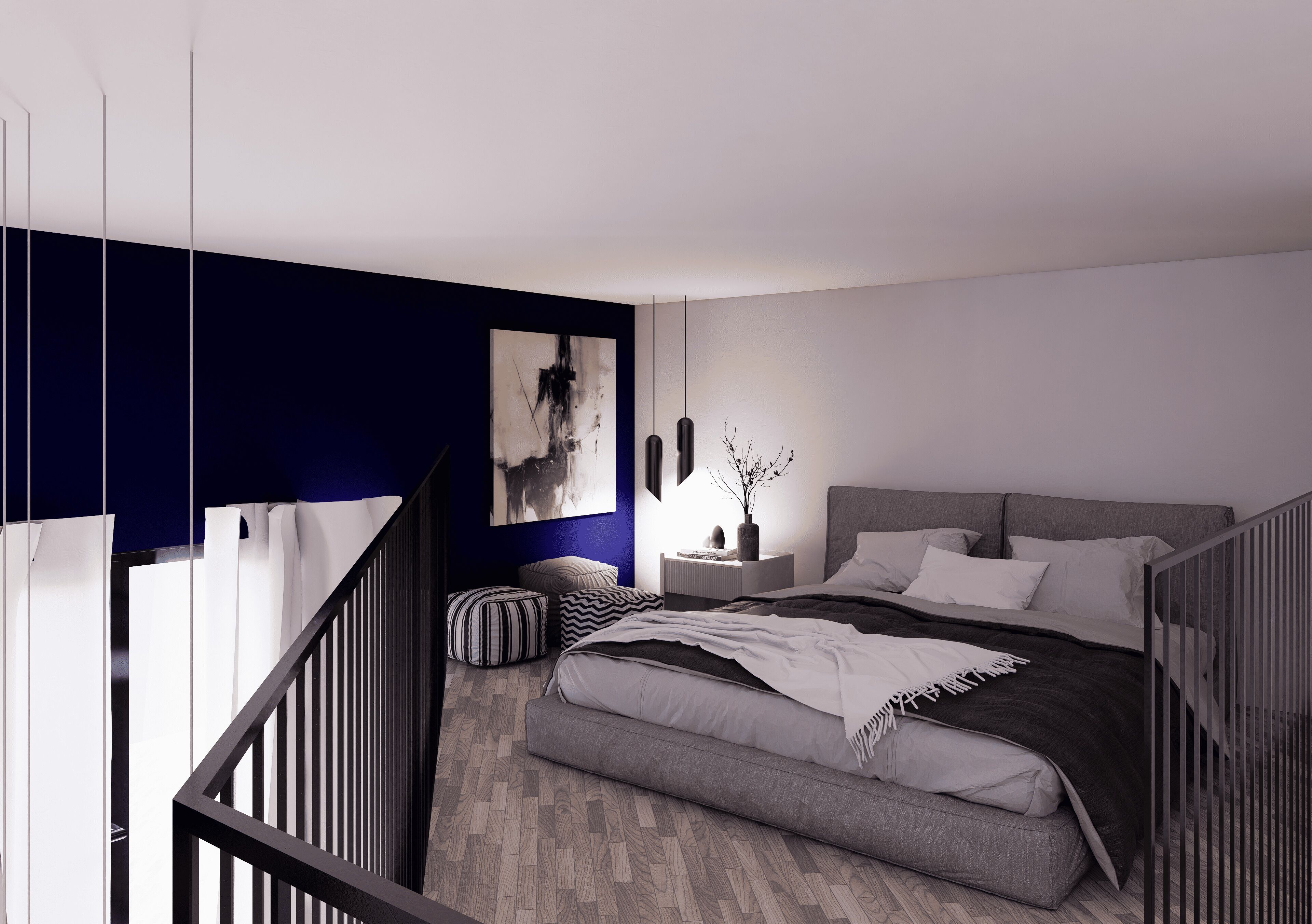 Ein modernes Schlafzimmer mit einem großen Bett, einem Nachttisch, einem Wandbild und einer Treppe.