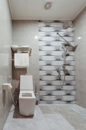 Chuveiro, secador de cabelo, toalhas de banho, sabonete