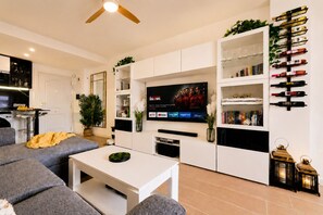 Smart TV, fireplace, books