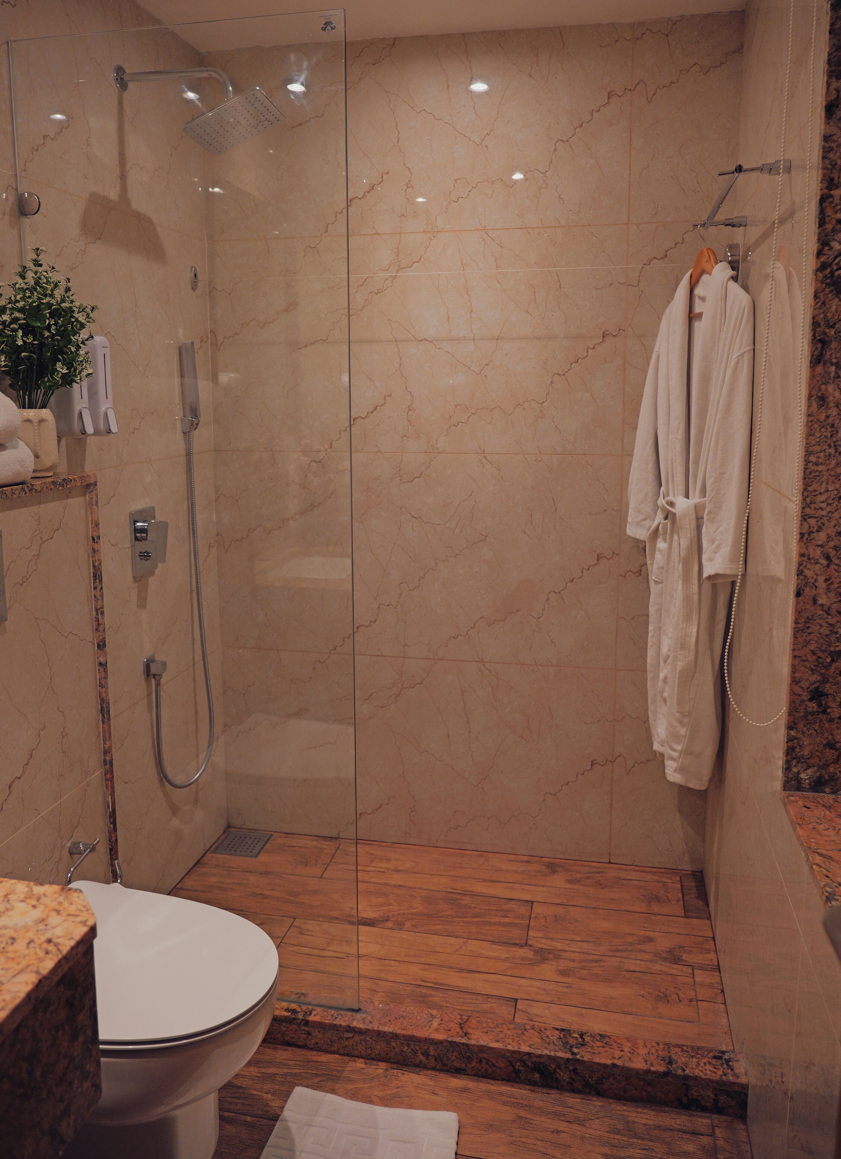 A modern bathroom with a glass-enclosed shower, a toilet, and a wooden floor.