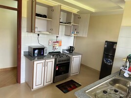 Deluxe Apartment, City View | Private kitchen | Fridge, microwave, cookware/dishes/utensils