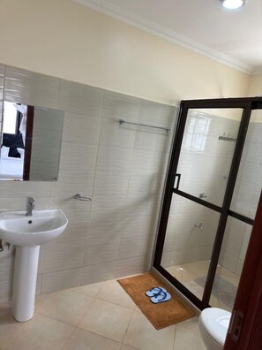 Apartamento familiar, vistas a la ciudad | Baño | Ducha, zapatillas, toallas y jabón