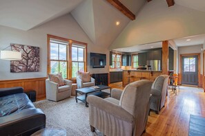 TV, fireplace, books, offices