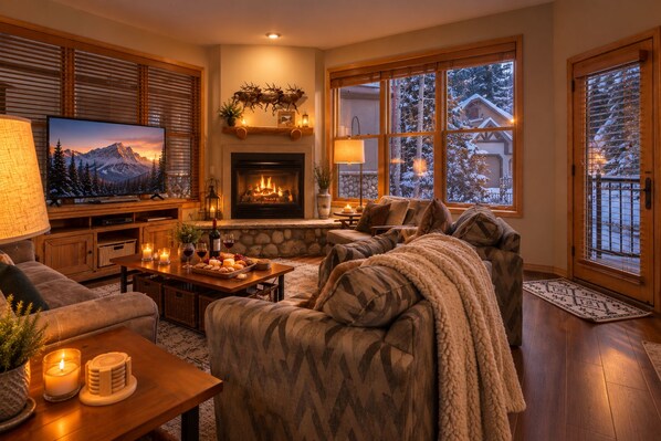A cozy living room with a fireplace, comfortable seating, a television, and a scenic view through large windows.