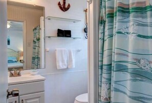 Shower, hair dryer, towels