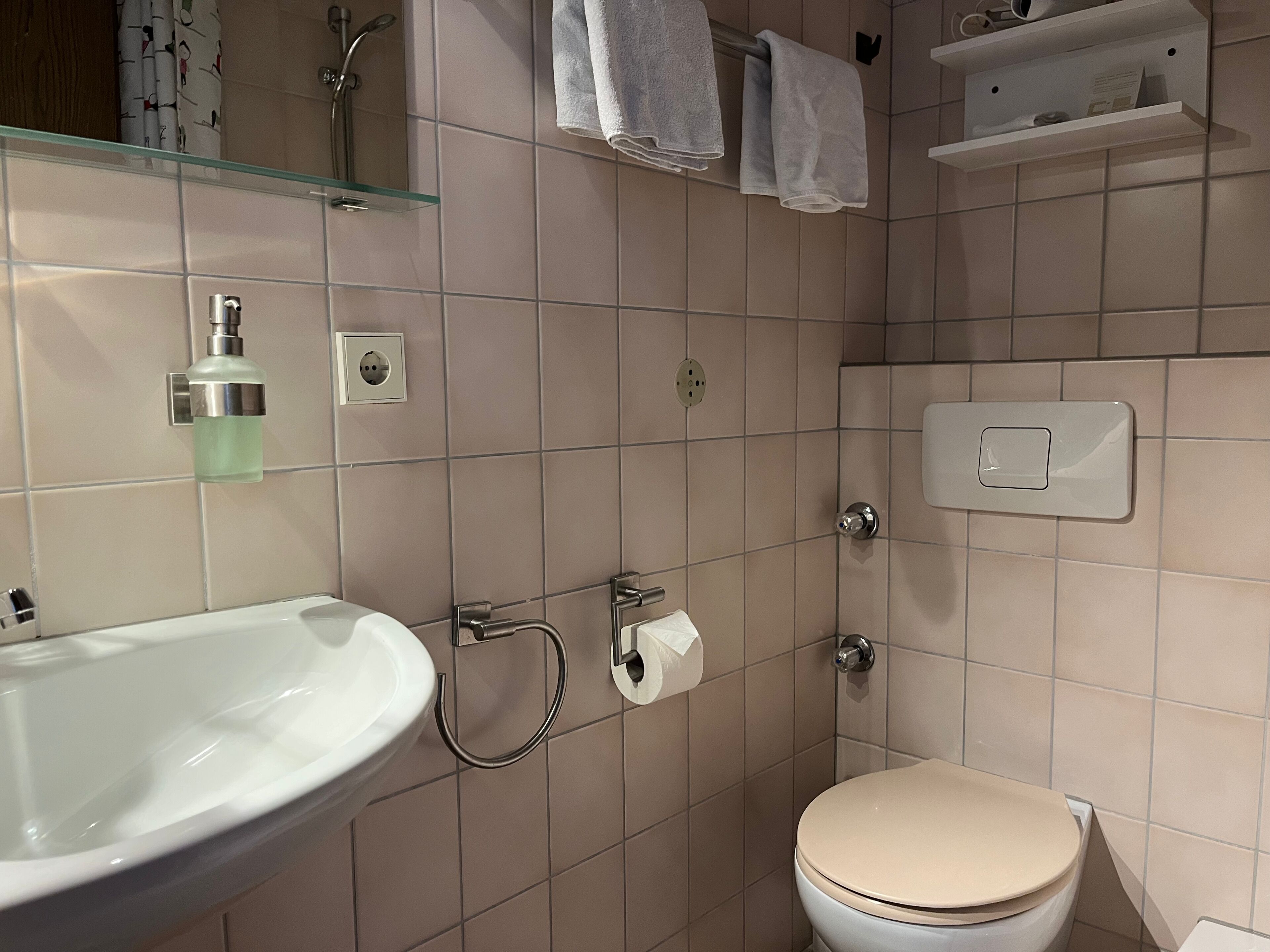 A bathroom with a sink, toilet, and shower. There are towels hanging on a rack, a soap dispenser, and a toilet paper holder.