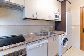 A modern kitchen with a built-in stove, microwave, dishwasher, and washing machine.
