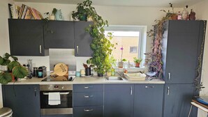 A modern kitchen with dark cabinets, a built-in oven, a sink, and various potted plants.