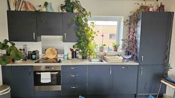 Coffee/tea maker, fridge, oven, stovetop