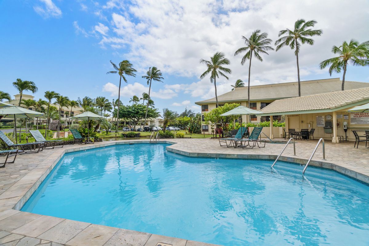 A swimming pool with lounge chairs and umbrellas, surrounded by palm trees and a building with a sign.