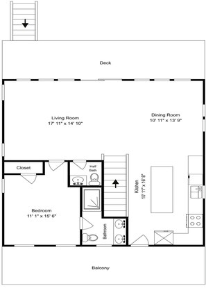 A floor plan of a hotel room with a living room, dining room, closet, bedroom, half bath, kitchen, and balcony. - Good Tide-ings | Pet-friendly + Private Pool (North Topsail Beach)