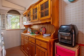 A kitchen with wooden cabinets, a toaster oven, and a window with a view of trees.
