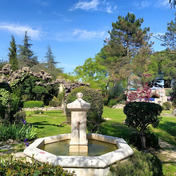 Un jardin agrémenté d’une fontaine, entouré de verdure et d’arbres.