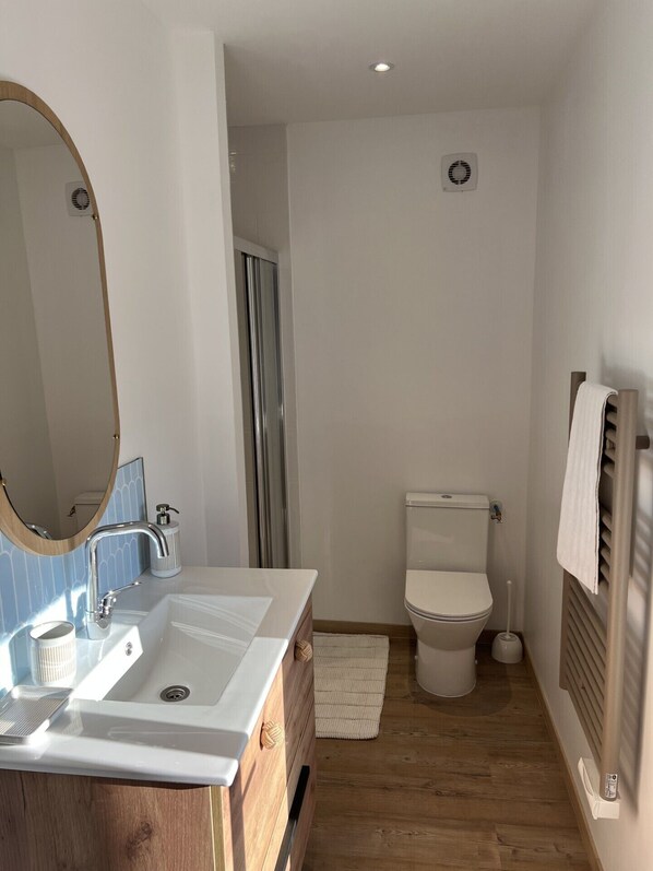 Regadera, secadora de cabello, toallas, papel de baño 