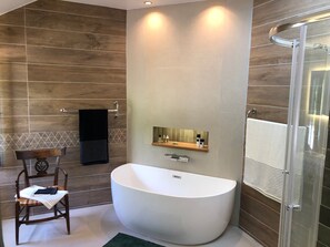 Shower, hair dryer, towels