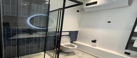 Shower, towels, soap, toilet paper