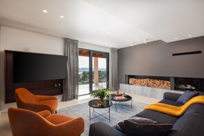 Télévision, cheminée, jeux vidéo, baby-foot