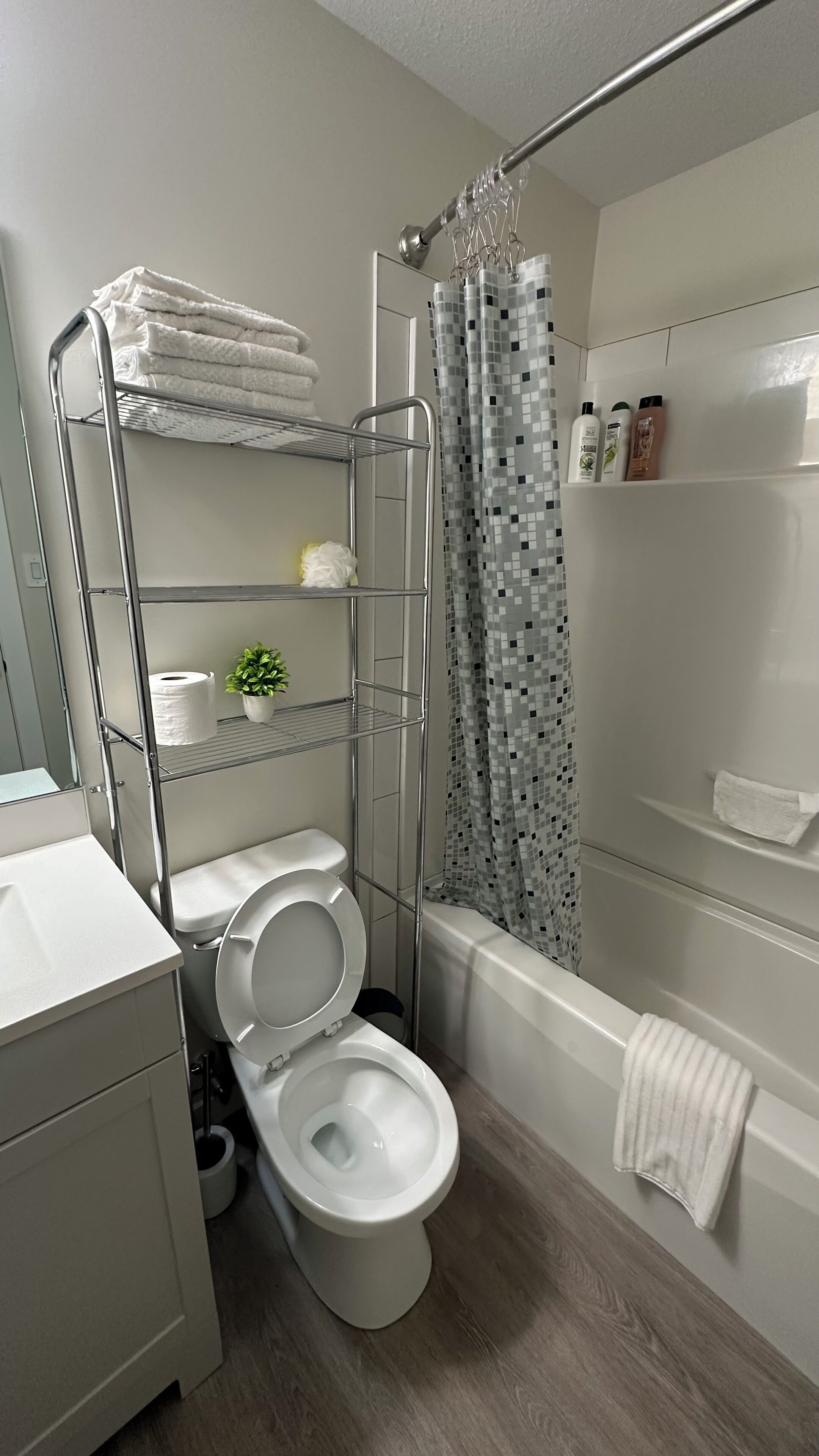 Hair dryer, towels, soap, shampoo