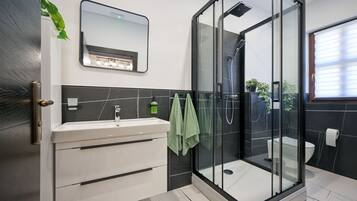Shower, hair dryer, towels