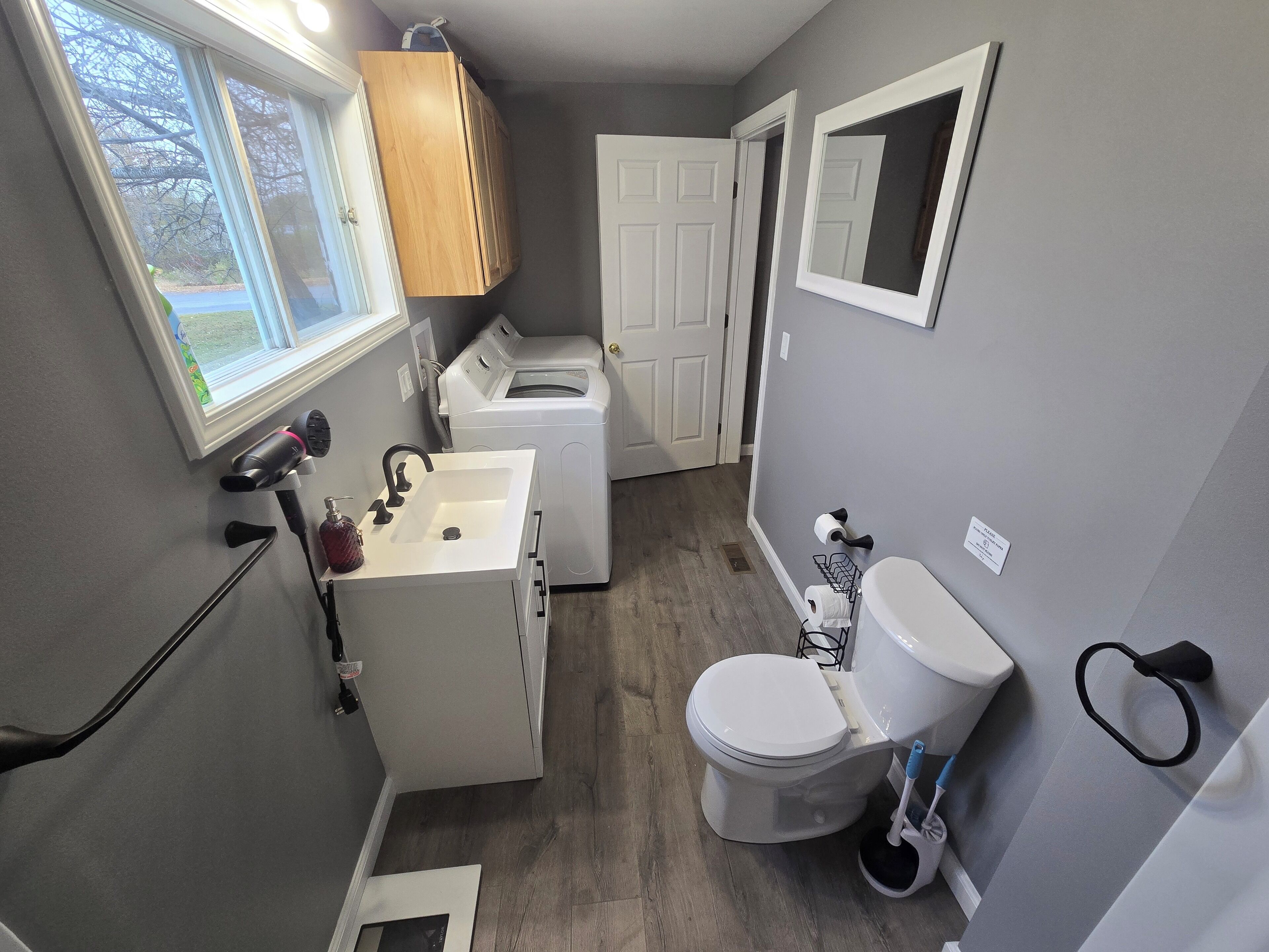 Hair dryer, towels, soap, shampoo