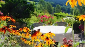 Un jardin avec une table et des chaises, entouré de différentes sortes de fleurs et offrant une vue sur une colline boisée.
