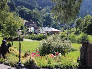 A rural village with houses, a garden with flowers, and a mountain backdrop.