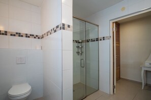 Shower, towels, soap, toilet paper