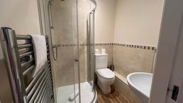 Hair dryer, towels, soap, shampoo