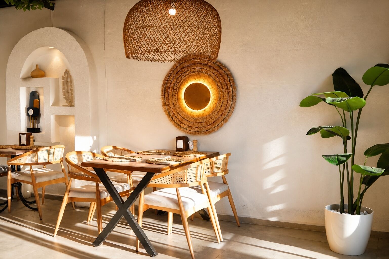 Un coin repas avec des meubles en osier, une table ronde et une plante en pot.