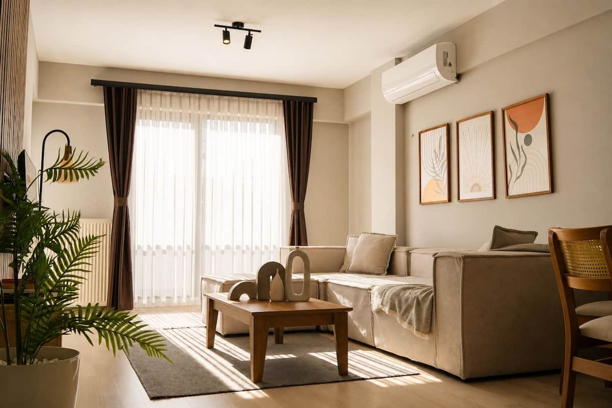 A living room with a sofa, a coffee table, a chair, a potted plant, and artwork on the wall.